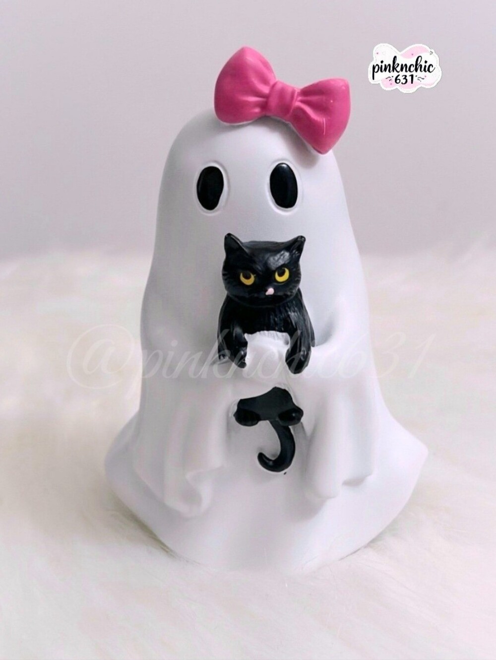 Ghost Holding Black Cat Viral Halloween Tabletop Decor Pink Coquette Bow
